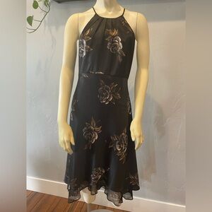Nine West Black 100% silk Tiered Halter Midi Dress size 8